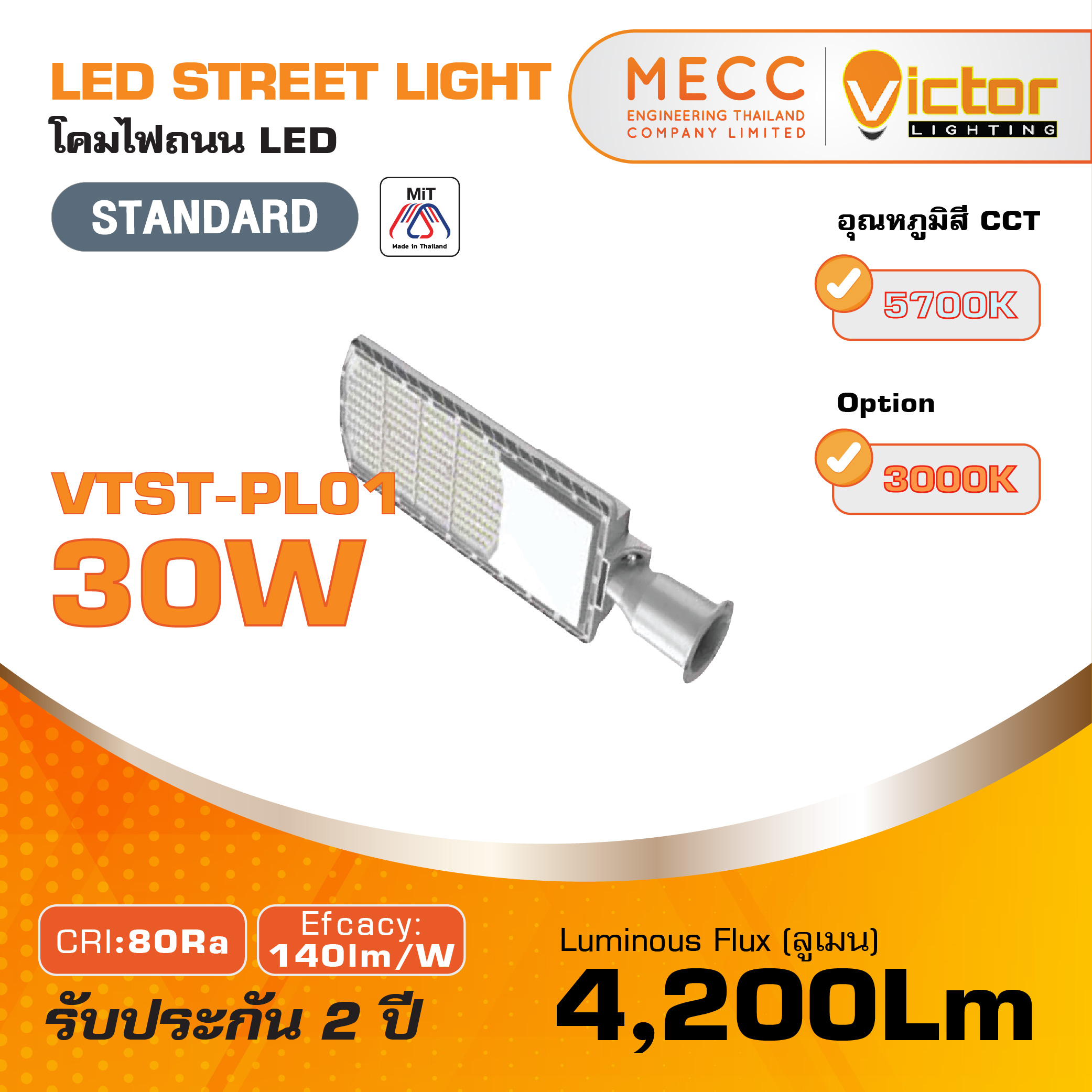 โคมถนน Streetlight LED 30W 5700K 4,200lm รุ่น VTST-PL01