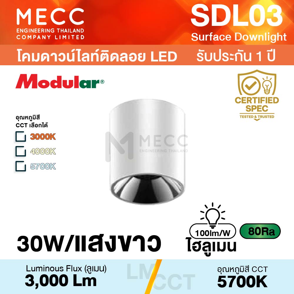 โคมดาวน์ไลท์ติดลอย Surface Downlight LED 30W 5700K 3,000lm รุ่น SDL03 แสงขาว โคมดาวน์ไลท์ติดลอย Surface Downlight LED 30W 5700K 3,000lm รุ่น SDL03 แสงขาว